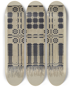 Triptych art skateboard deck of Fred Hassebrock Handwoven Coverlet by Fred Hassebrock