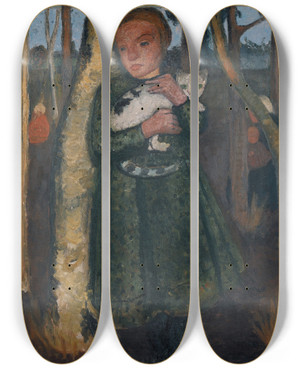 Triptych art skateboard deck of Paula Modersohnbecker Girl In A Birch Forest With Cat by Paula Modersohn-Becker (1876-1907)
