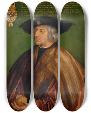 Triptych art skateboard deck of Albrecht Drer Portrait Of Maximilian I by Albrecht Durer (1471-1528)