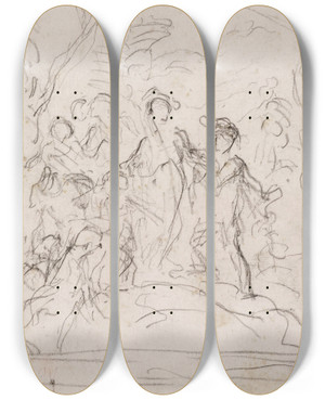 Triptych art skateboard deck of Narcissevirgile Diaz De La Pea Esquisse Dun Groupe De Personnages Dans Une Fort by Narcisse-Virgile Diaz de La Pea (1808-1876)