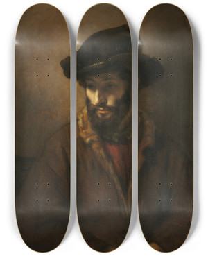 Triptych art skateboard deck of Rembrandt Van Rijn A Bearded Man Wearing A Hat by Rembrandt Van Rijn (1606-1669)