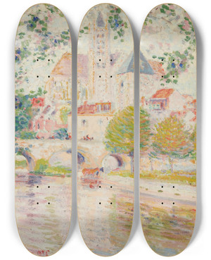 Triptych art skateboard deck of William Emile Schumacher Le Long De La Rivire by William Emile Schumacher (1870-1931)