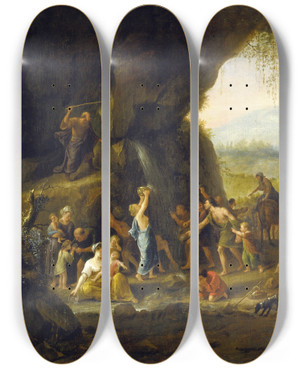 Triptych art skateboard deck of Jan Steen Moses Striking The Rock by Jan Steen (1626-1679)