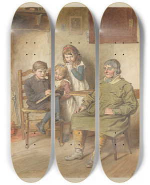 Triptych art skateboard deck of Robert Barnes Boy Sketching A Man With Two Girls Watching by Robert Barnes (1840-1895)