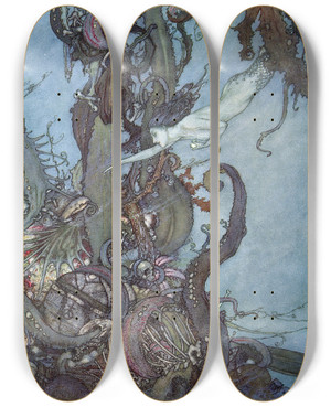 Triptych art skateboard deck of Edmund Dulac The Mermaid Pl 3 by Edmund Dulac (1882-1953)