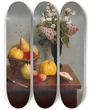Triptych art skateboard deck of Henri Fantinlatour Still Life With Flowers And Fruit by Henri Fantin-Latour (1836-1904)