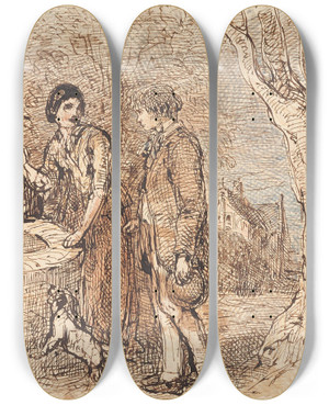 Triptych art skateboard deck of William Makepeace Thackeray Man And Woman At Well by William Makepeace Thackeray (1811-1863)