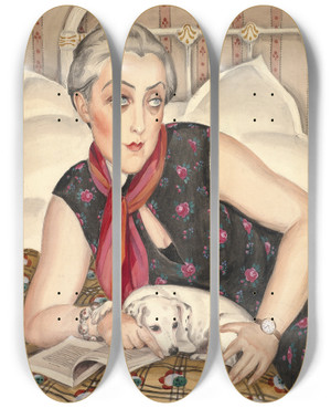 Triptych art skateboard deck of Gerda Wegener Portrait Of A Woman Reading With A Dog by Gerda Wegener (1886-1940)