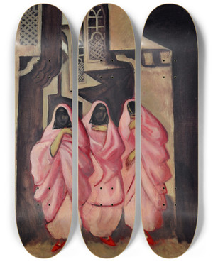 Triptych art skateboard deck of Jzeps Grosvalds Three Women On The Street Of Baghdad by Jazeps Grosvalds (1891-1920)