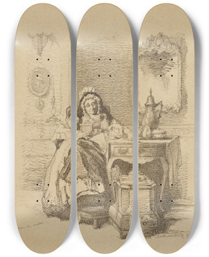Triptych art skateboard deck of Alexander Hugo Bakker Korff Lezende Oude Dame by Alexander Hugo Bakker Korff (1824-1882)