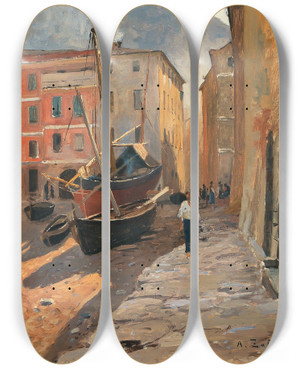 Triptych art skateboard deck of Alfred Zoff A Harbour On The Riviera by Alfred Zoff (1852-1927)