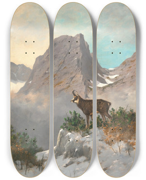 Triptych art skateboard deck of Georg Berger A Chamois High In The Mountains by Georg Berger (1862-1942)