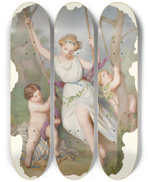 Triptych art skateboard deck of Continental School Girl On A Swing With Two Children by Continental School