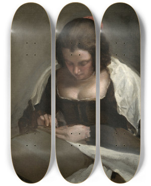 Triptych art skateboard deck of Diego Velzquez The Needlewoman by Diego Velazquez (1599-1660)