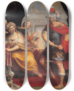 Triptych art skateboard deck of Giovanni Andrea Sirani Ulysses And Circe by Giovanni Andrea Sirani (1610-1670)