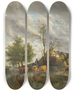 Triptych art skateboard deck of Thomas Sidney Cooper A Brook In The Meadows by Thomas Sidney Cooper (1803-1902)