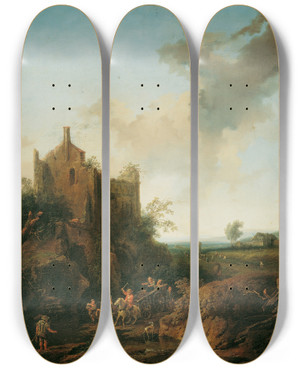 Triptych art skateboard deck of Christian Hilfgott Brand Landschaft Mit Schlossruine Und Pferdewagen by Christian Hilfgott Brand (1694-1756)