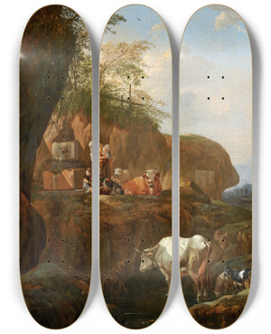 Triptych art skateboard deck of Johann Heinrich Roos Italian Landscape by Johann Heinrich Roos (1631-1685)