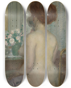 Triptych art skateboard deck of Frederick Carl Frieseke Woman At A Dressing Table by Frederick Carl Frieseke (1874-1939)