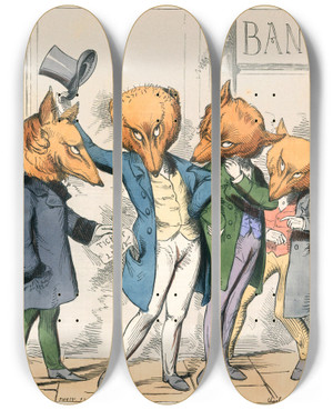 Triptych art skateboard deck of Charles Henry Bennett The Fox That Was Docked by Charles H Bennett (1828-1867)