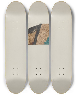 Triptych art skateboard deck of Georgine E Mason Hooked Rug Detail by Georgine E Mason