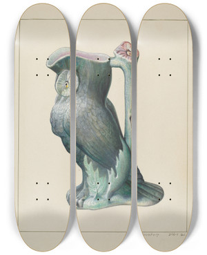 Triptych art skateboard deck of Amos C Brinton Owl Pitcher by Amos C Brinton