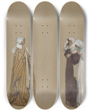 Triptych art skateboard deck of Edwin Austin Abbey Study Threefigures by Edwin Austin Abbey (1852-1911)