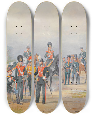 Triptych art skateboard deck of Piotr Ivanovich Balashov A Group Of Officers And Men Of The Life Guards Dragoon Regiment by Piotr Ivanovich Balashov (1835-1888)