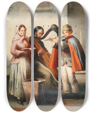 Triptych art skateboard deck of Antonin Hlperl Street Musicians by Antonin Holperl (1820-1888)