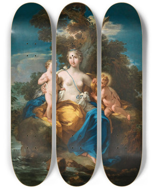 Triptych art skateboard deck of Michele Rocca Latona And Her Children Apollo And Diana In A Moonlit Landscape by Michele Rocca (1666-1751)