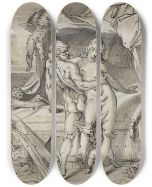 Triptych art skateboard deck of Bartholomaeus Spranger Mars Und Venus by Bartholomaeus Spranger (1546-1611)