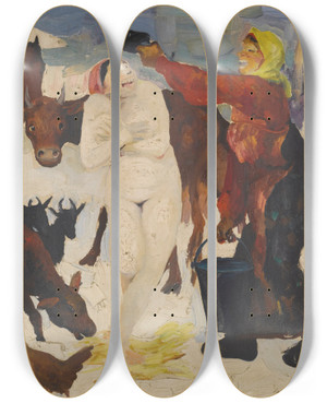 Triptych art skateboard deck of Filipp Malyavin Country Ablutions by Filipp Malyavin (1869-1940)