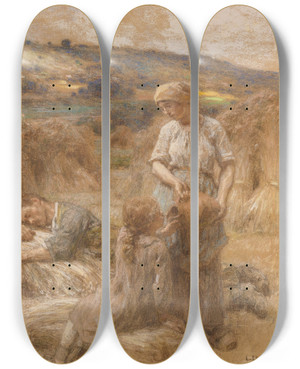 Triptych art skateboard deck of Lon Augustin Lhermitte La Soif En Moisson by Lon Augustin Lhermitte (1844-1925)