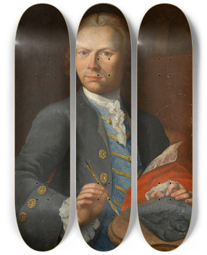 Triptych art skateboard deck of Nathaniel Hone Portrait Of An Artist Holding A Drawing An Unfinished Canvas Beyond by Nathaniel Hone (1718-1784)