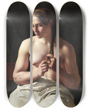 Triptych art skateboard deck of Ludvig August Smith A Woman Pleating Her Hair by Ludvig August Smith (1820-1906)