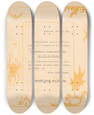 Triptych art skateboard deck of Theo Van Hoytema Uitnodiging Met Spin by Theo Van Hoytema (1863-1917)
