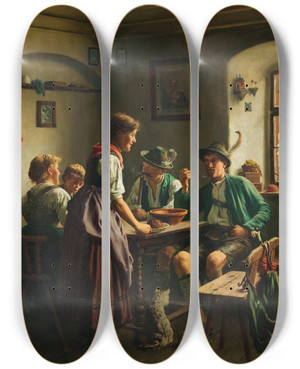 Triptych art skateboard deck of Emil Rau A Meal In The Mountains by Emil Rau (1858-1937)
