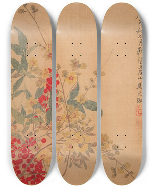 Triptych art skateboard deck of Ma Yuanyu Wax Plum And Nandina by Ma Yuanyu (1669-1722)
