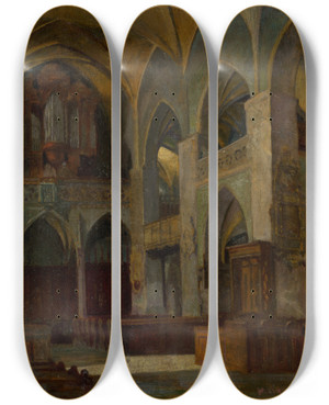 Triptych art skateboard deck of Milan Florin Inside The Church Of St James In Levoa by Florian Milan (1884-1945)