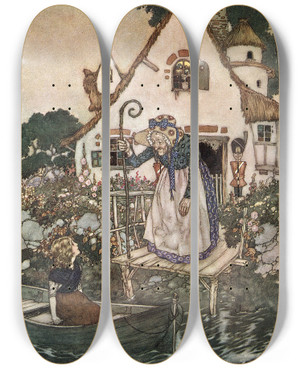 Triptych art skateboard deck of Edmund Dulac The Snow Queen Pl 3 by Edmund Dulac (1882-1953)