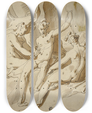 Triptych art skateboard deck of Circle Of Abraham Bloemaert The Three Fates by Circle Of Abraham Bloemaert (1566-1651)