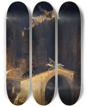 Triptych art skateboard deck of Arnold Bcklin The Fight On The Bridge by Arnold Bocklin (1827-1901)