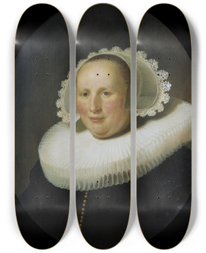 Triptych art skateboard deck of Rembrandt Van Rijn Portrait Of Maertgen Van Bilderbeecq by Rembrandt Van Rijn (1606-1669)