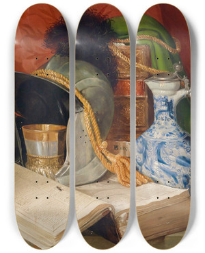 Triptych art skateboard deck of Ferdinand Beer Stillleben Mit Folianten Und Helm by Ferdinand Beer (1840-1856)