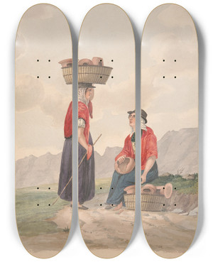 Triptych art skateboard deck of Alfred Diston Tenerifewomen Of Candelaria by Alfred Diston (1793-1861)