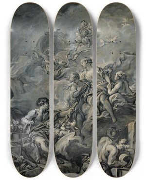 Triptych art skateboard deck of Franois Boucher Venus Ordering Weapons From Vulcan by Francois Boucher (1703-1770)