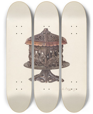 Triptych art skateboard deck of Sarkis Erganian Cast Iron Bank Merry Go Round by Sarkis Erganian