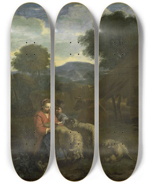 Triptych art skateboard deck of Simon Van Der Does Shepherdess Reading by Simon van der Does (1653-1717)