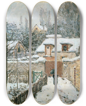 Triptych art skateboard deck of Alfred Sisley Snow At Louveciennes by Alfred Sisley (1840-1899)