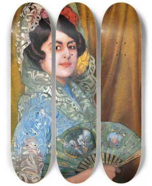 Triptych art skateboard deck of Ignacio Zuloaga Dama Con Abanico Lady With A Fan by Ignacio Zuloaga (1870-1945)